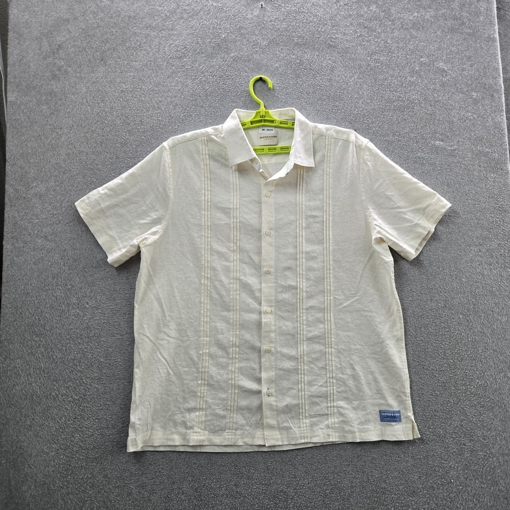 Scotch & Soda Men Button Up Shirt XL White Short Sleeve Linen Guayabera